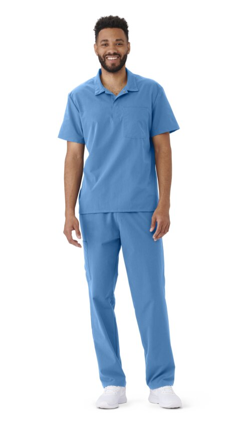 57102 Men's Polo Scrub Top, Everwear, 1 Pkt, Snap, Ceil Blue
